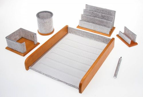 Majestic 6 Piece Silver Bling Mesh and Oak Wood Desk Set Home/Office/Dorm/Gift
