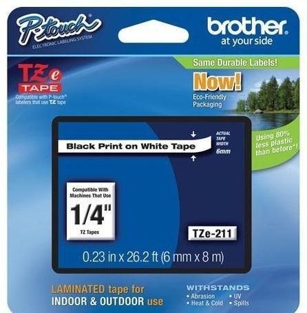 Brother P-Touch Adhesive Laminated Labeling Tape, 1/4&#034;, Black on White, TZe-211