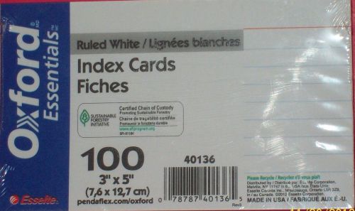 INDEX CARDS OXFORD ESSENTIALS RULED/BLANK BACK WHITE 3&#034; X 5&#034; 100 COUNT PR PKG.