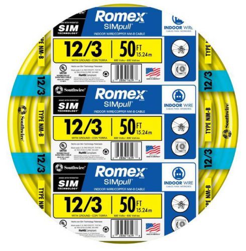 Romex simpull 50-ft 12-3 nm-b gauge indoor electrical non-metallic wire cable for sale