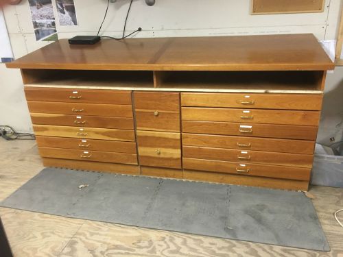 Wood drafting table, flat file storage drawers, file drawers and storage shelf