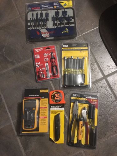 electrical tool kit- Fluke 115, Klein Hand Tools, Bosch Spade Bits, Milwaukee