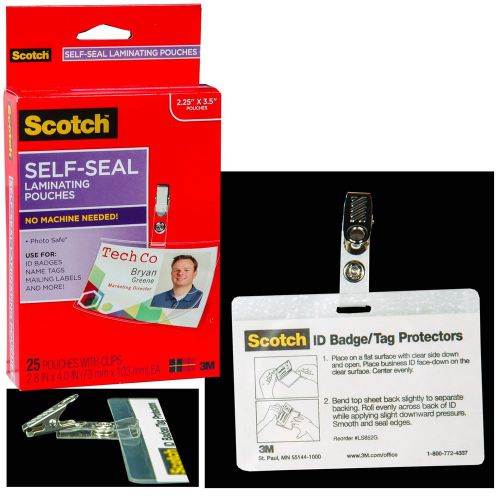 Scotch LS852G Self-Seal ID Badge Laminating Pouches, 25 Pouches With Clips