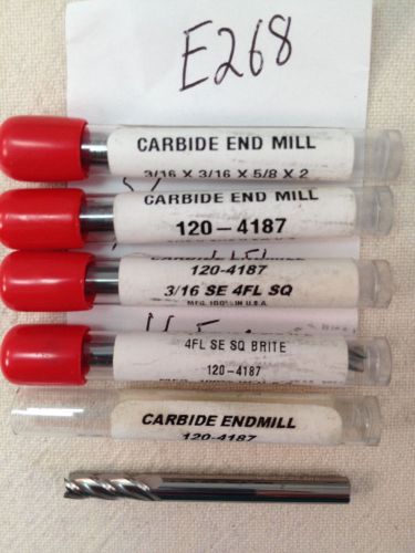 5 NEW USA 3/16&#034; DIAMETER CARBIDE END MILLS. 4 FLUTE. 3/16&#034; SHANK. USA MADE E268