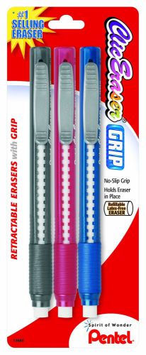 Pentel Clic Retractable Eraser with Grip Assorted Barrels 3 Pack (ZE21BP3M)
