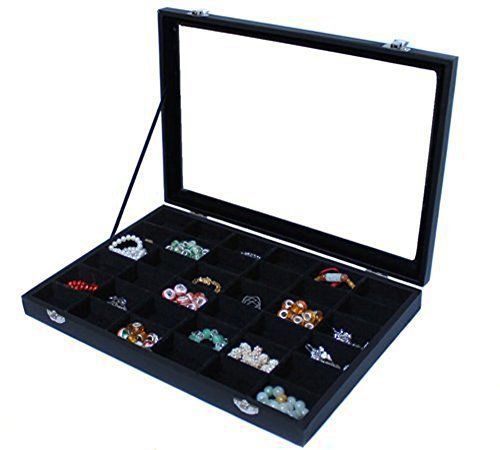 Amzdeal Jewelry Ring Display Storage Case Holds 36 Compartment, Glass Top Case,