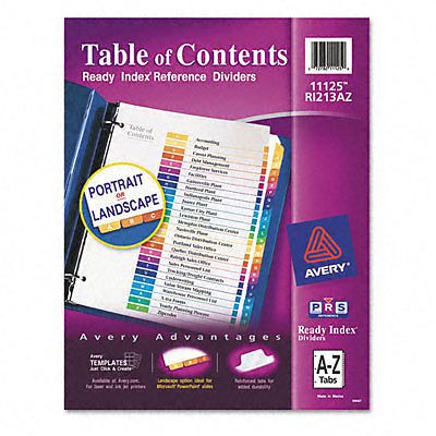 Avery 11125 Ready Index TOC Dividers, A-Z Tabs, 8-1/2x11, 4 Multicolor + 1-50