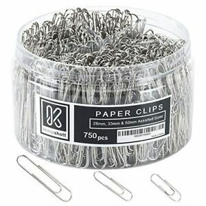 Kempshott 750 Paper Clips Assorted Sizes Small, Medium and Large Paper Clips for