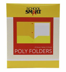 School Smart Two-Pocket Poly Folder with Three-Hole Punch, Yellow, Pack of 25