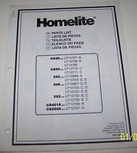 HOMELITE CHAIN SAW PARTS LIST CS40, CS50, 250, 300, 252, CS4018, CS5020