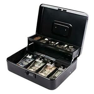Large Cash Box with,Money Box with Cash Tray, Lock Safe Combination Lock Black