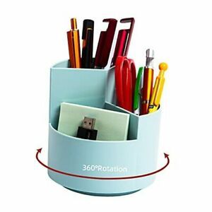 Desk Pencil Pen Holder, 3 Slots 360-Degree Spinning Pencil Pen Desk Blue