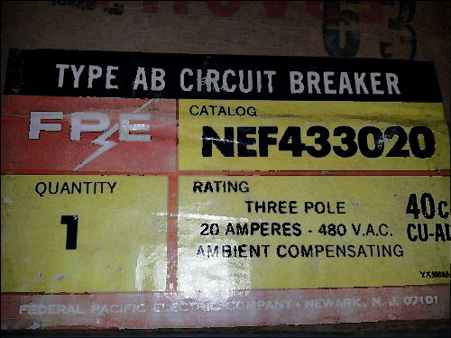 480 3 for sale, Federal pacific nef433020 new in box 3p 20a 480v bolt in breaker #a2