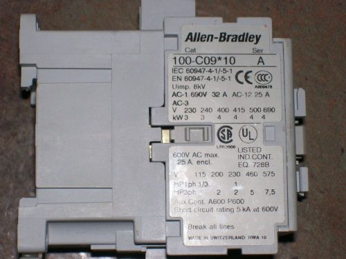 Allen Bradley 100-C09*10 100-C0910 Starter Contactor 600 VAC 25 Amp 120 V Coil