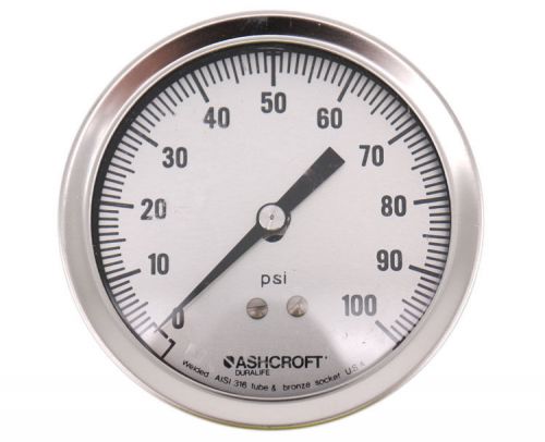 Ashcroft DURALIFE 3-1/2&#034; 0-100PSI 1/4&#034;NPT Back Mount Liquid-Ready Pressure Gauge