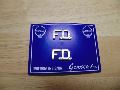 Uniform Collar Insignias, &#034;FD&#034;, pair, new in package, Silvertone 1/2&#034; letter