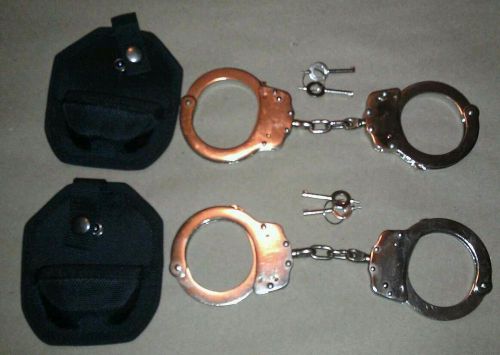 (2 SETS OF) NICKEL PLATED DOUBLE LOCK POLICE HANDCUFFS W/ KEYS AND CASE