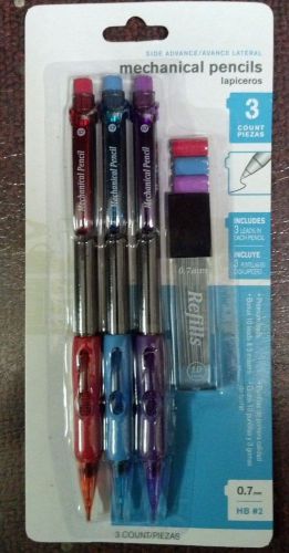MECHANICAL PENCILS, 3 PACK, 10 EXTRA LEAD, 3 EXTRA ERASERS, 0.7 mm
