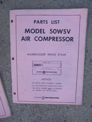 1970 quincy model 50wsv water cooled single stage air compressor parts list r for sale