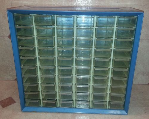 Vintage Akro Mils Blue Metal Storage Bin File w 60 Plastic Drawer Wall Mountable