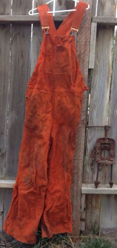 Vtg mens l welder welding red suede leather denim apron overalls chaps pants for sale
