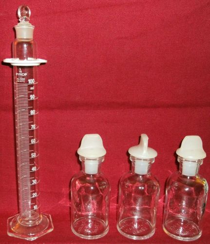 Pyrex reagent prep set  1 2982 100ml mixing cyl &amp; 3 1550 125ml reagent bottles for sale