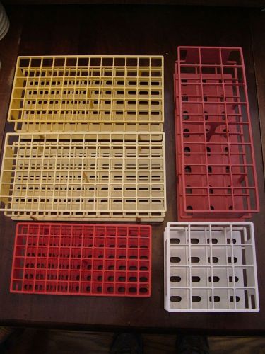 5 nalgene test tube racks - 25mm 4x4, 13mm 6x12, 16mm 6x12, 30mm 3x8 + 5 singles for sale