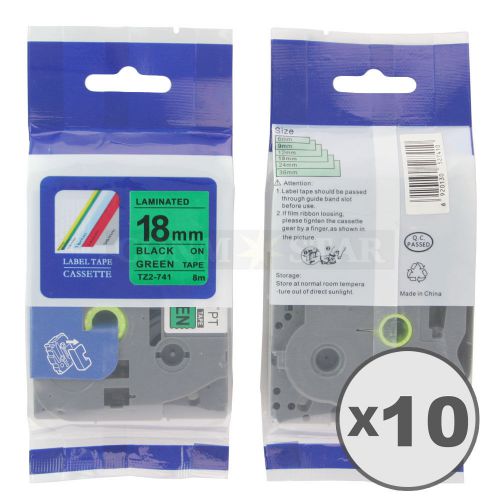 10pk black on green tape label for brother p-touch tz tze 741 18mm 3/4&#034; 26.2ft for sale