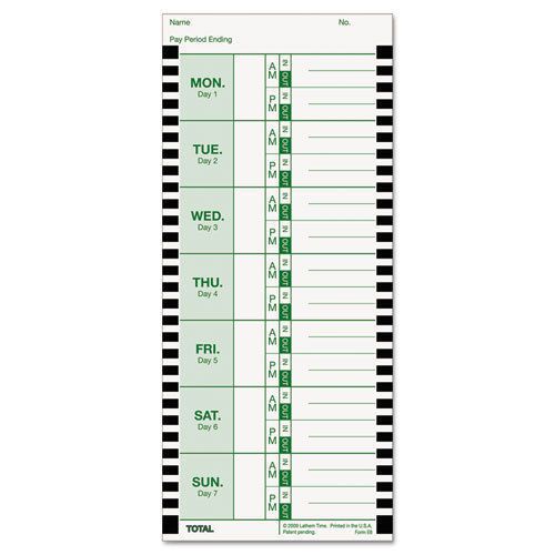 Time Card for Lathem Model 800P, 4 x 9, Weekly, 1-Sided, 100/Pack, FREE SHIPPING