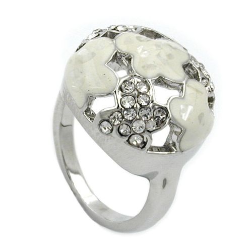 RING WHITE ENAMEL &amp; GLASS CRYSTALS RHODIUM PLATED 01217-54 - Buy 1 Get 1 Free