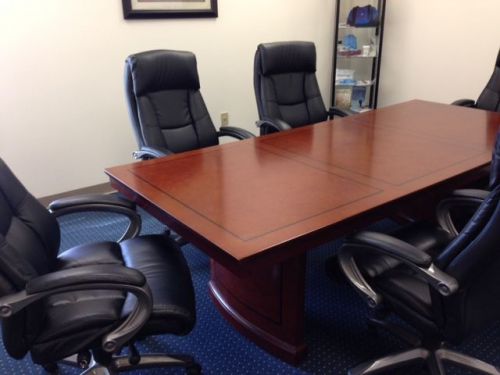 Cherry 8&#039; Executive Conference Table &amp; 6 Black Rolling Chairs