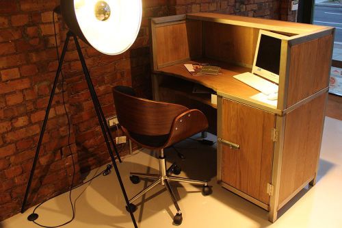 Tatlow Office Reception Desk Industrial Oak and Stainless Steel Design