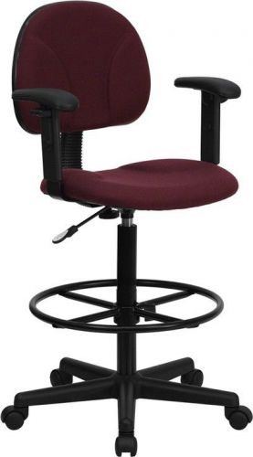 Burgundy Fabric Ergonomic Adjustable Drafting Stool with Arms