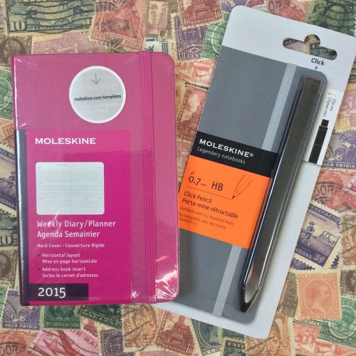 Set of 2 moleskine 2015 magenta pink hardcover weekly planner &amp; black hb pencil for sale