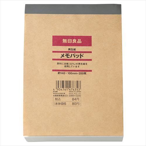 MUJI Moma Recycled paper memo pad About 140?x100mm 200 sheets from Japan