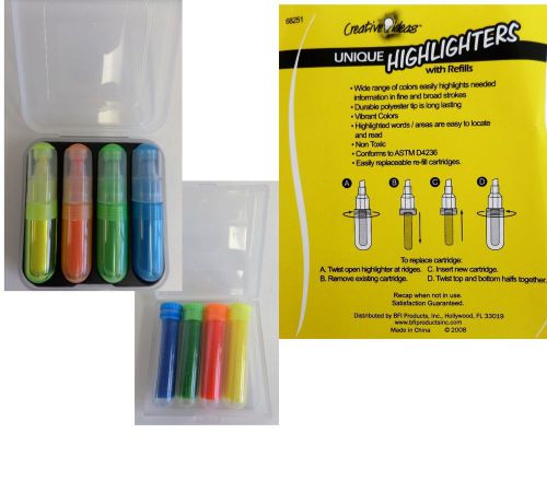 4 Pocket Size Highlighters Neon Yellow Orange Green Blue w/ 28 refills !!!