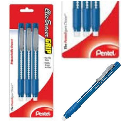 Pentel Clic Eraser with Grip, 3/Pack - Blue - Retractable Pocket Size -Brand New