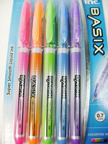 1 x 5 pack basix roller ball pens 0.7mm comfort grip inc bright colors cap clip for sale