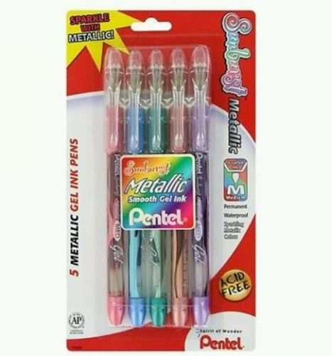 Pentel Sunburst Metallic Smooth Gel Ink Pens 5 pack  Medium Point Assorted