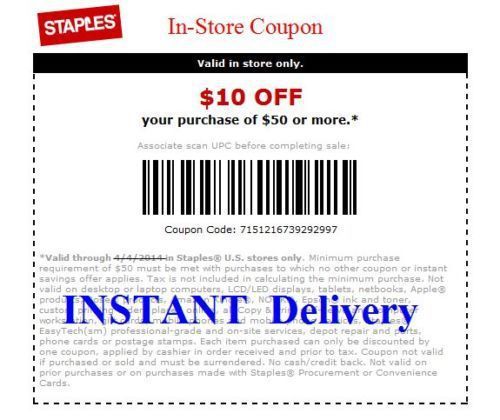 Staples $10 off $50 or more online or phone purchase exp.01.19.2015 for sale
