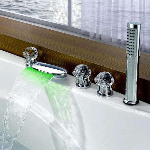 Modern Waterfall LED 3 Crystal Handle Chrome Roman Tub Filler Faucet Hand Shower
