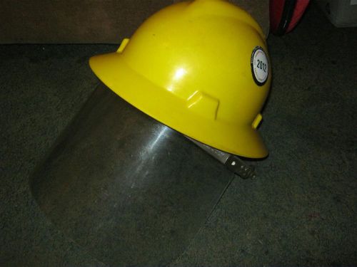 YELLOW HARDHAT WITH PROTECTIVE FACE SHIELD SAFETY EQUIPMENT ADJUSTABLE INSIDE