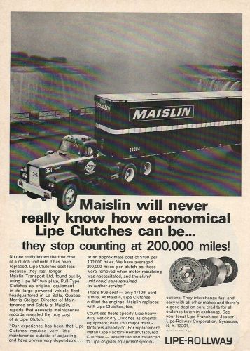 1970 SICARD truck in Lipe Clutches ad, Maislin Transport Ltd,La Salle,Quebec,Can
