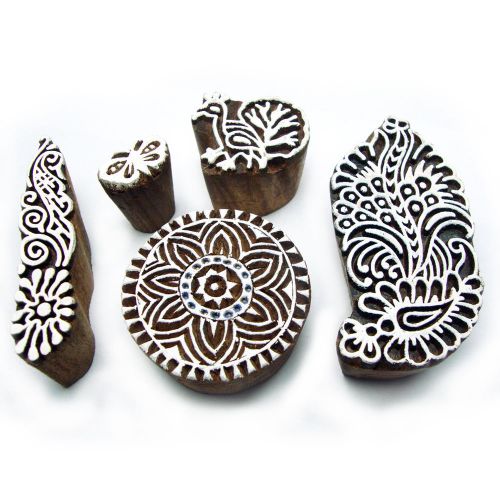 Birds and Flower Design Hand Carved Wooden Block Printing Tags (Set of 5)