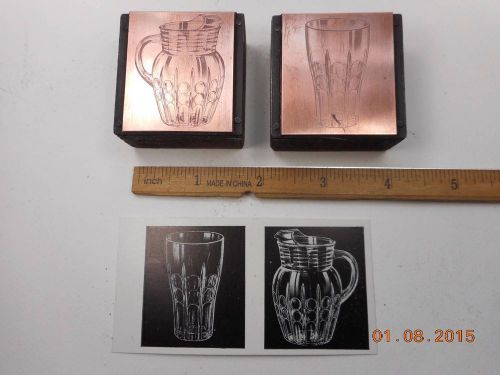 Old letterpress printers 2 blocks, thumbprint glassware pitcher &amp; drink glass for sale