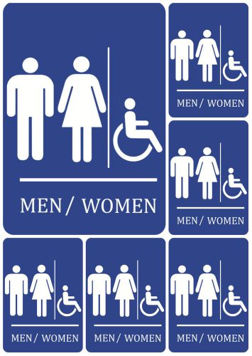 Set of six restroom signs men / women unisex blue sign wheelchair access blue us for sale