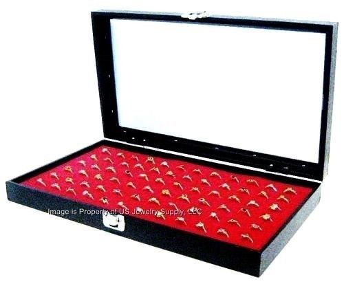Glass Top Lid 72 Ring Red Jewelry Sales Display Box Storage Case + Bonus Items
