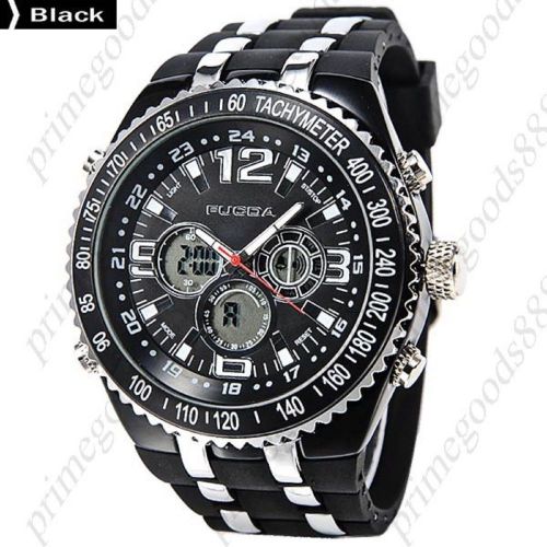 2 Time Zone Zones Round LCD Analog Digital Silica Gel  Wrist Wristwatch Black