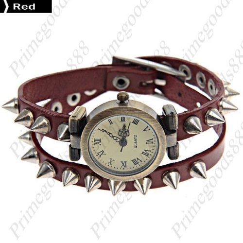 Metal Rivets PU Leather Quartz Wrist Lady Ladies Wristwatch Women&#039;s Red