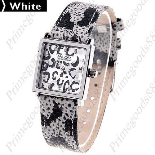 Square Panther Leather Analog Wrist Lady Ladies Quartz Wristwatch Women&#039;s White